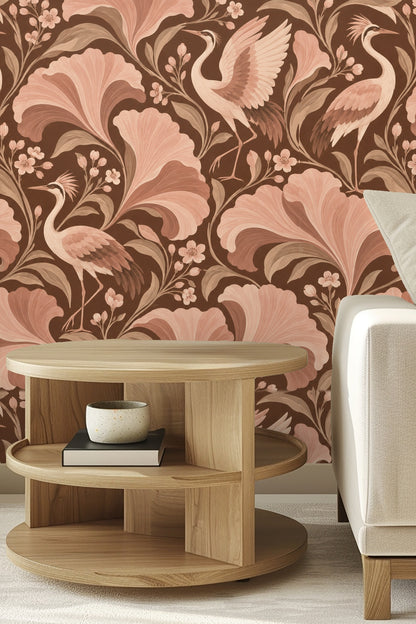 Bedroom wall covered with Cocoa Crane Flourish wallpaper highlighting large floral and crane motifs around windows.
