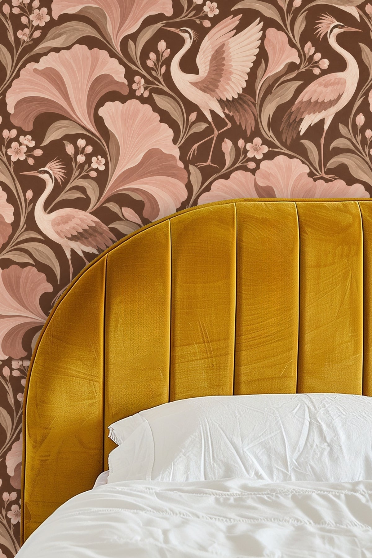 Detail of crane feathers and layered petals on wallpaper panel.