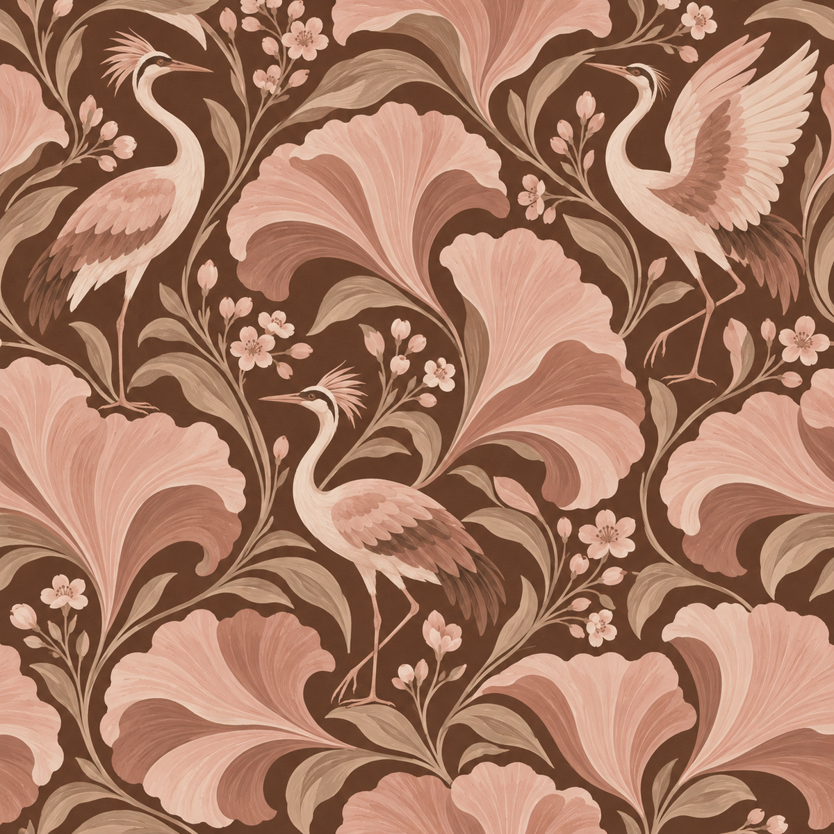 Wallpaper section showing floral buds, leaves, and crane legs in soft blush hues.