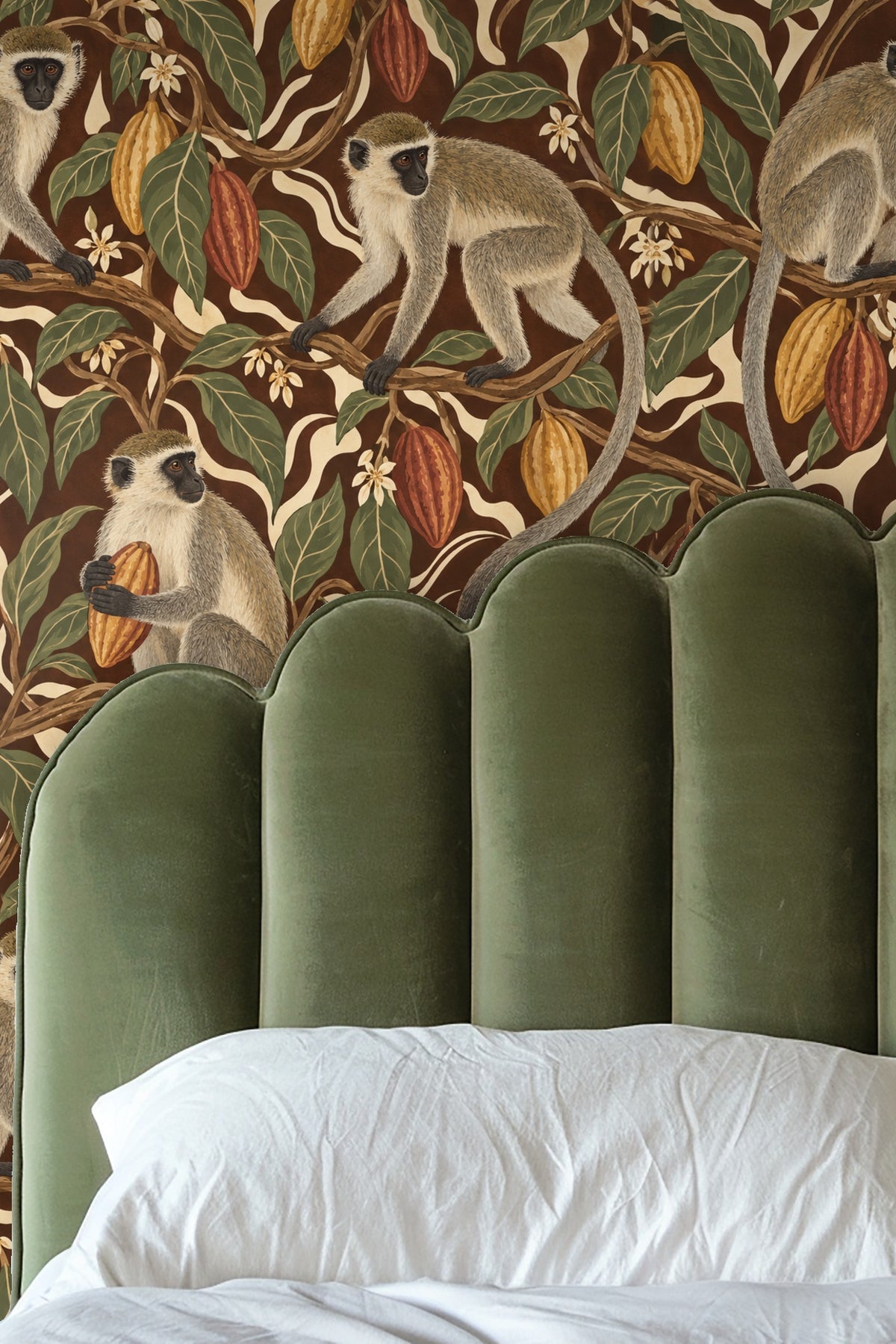 Artistic wallpaper motif of jungle cacao vines and playful monkeys