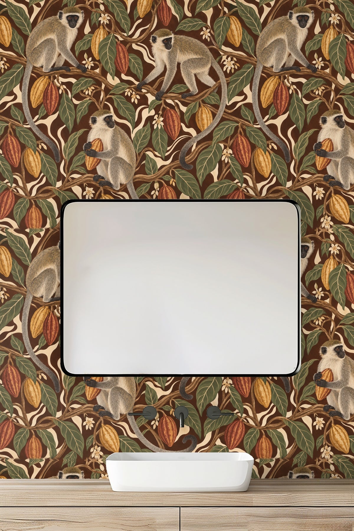 Rustic tropical wallpaper scene with vervet monkeys and cacao pods