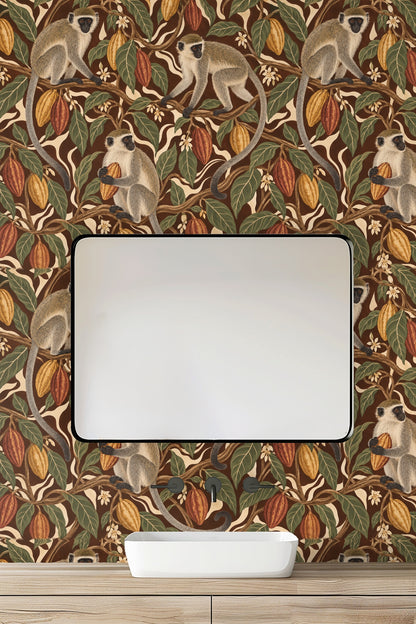 Rustic tropical wallpaper scene with vervet monkeys and cacao pods