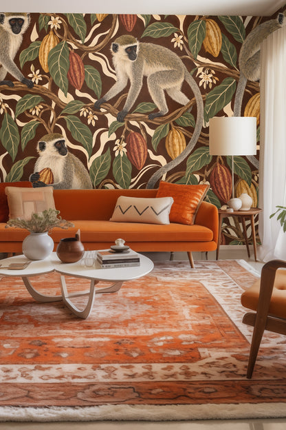 Wallpaper pattern featuring vervet monkeys holding cacao pods among leafy vines on a brown background