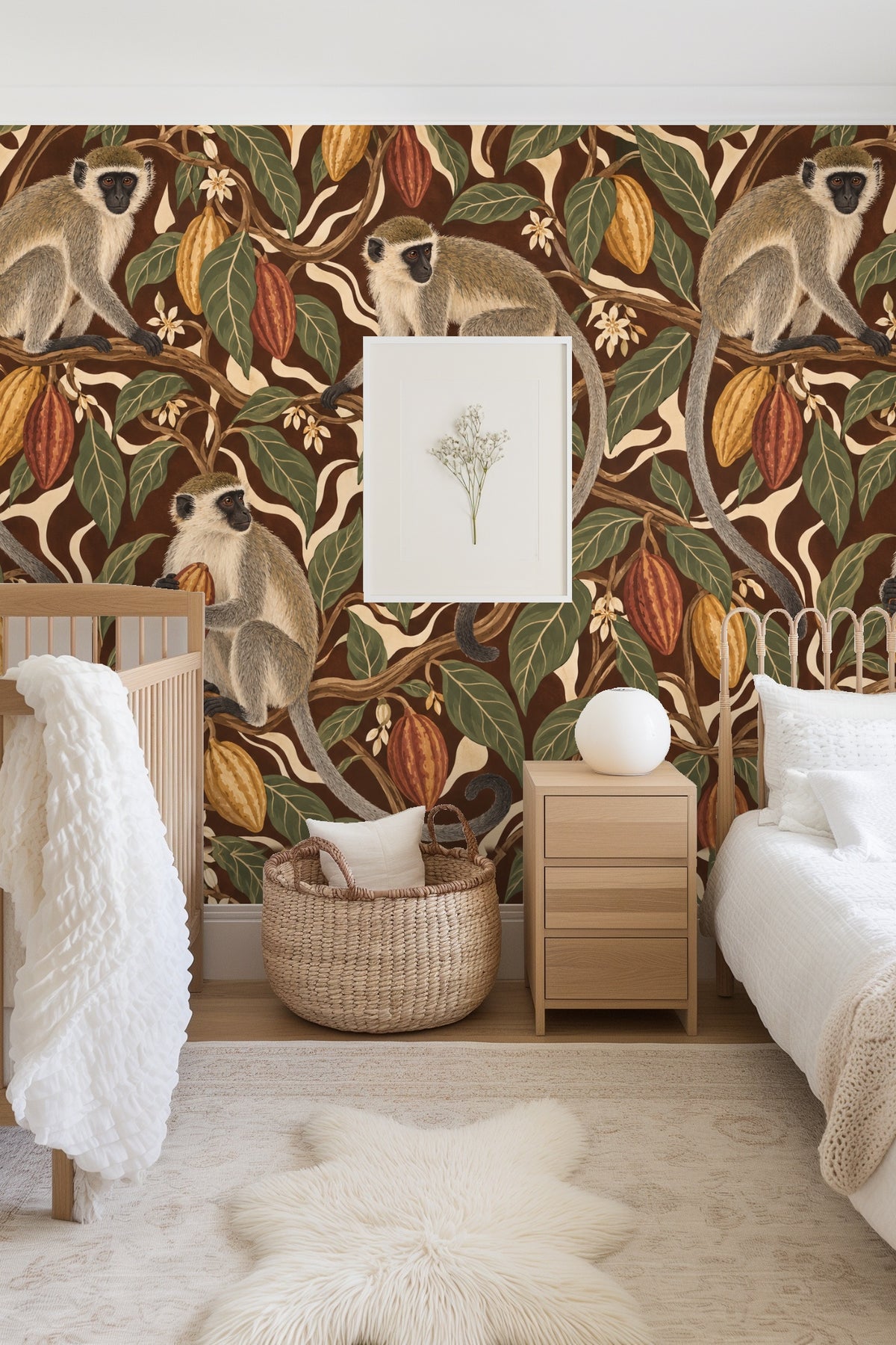 Detailed close-up of vervet monkeys and cacao pods wallpaper artwork