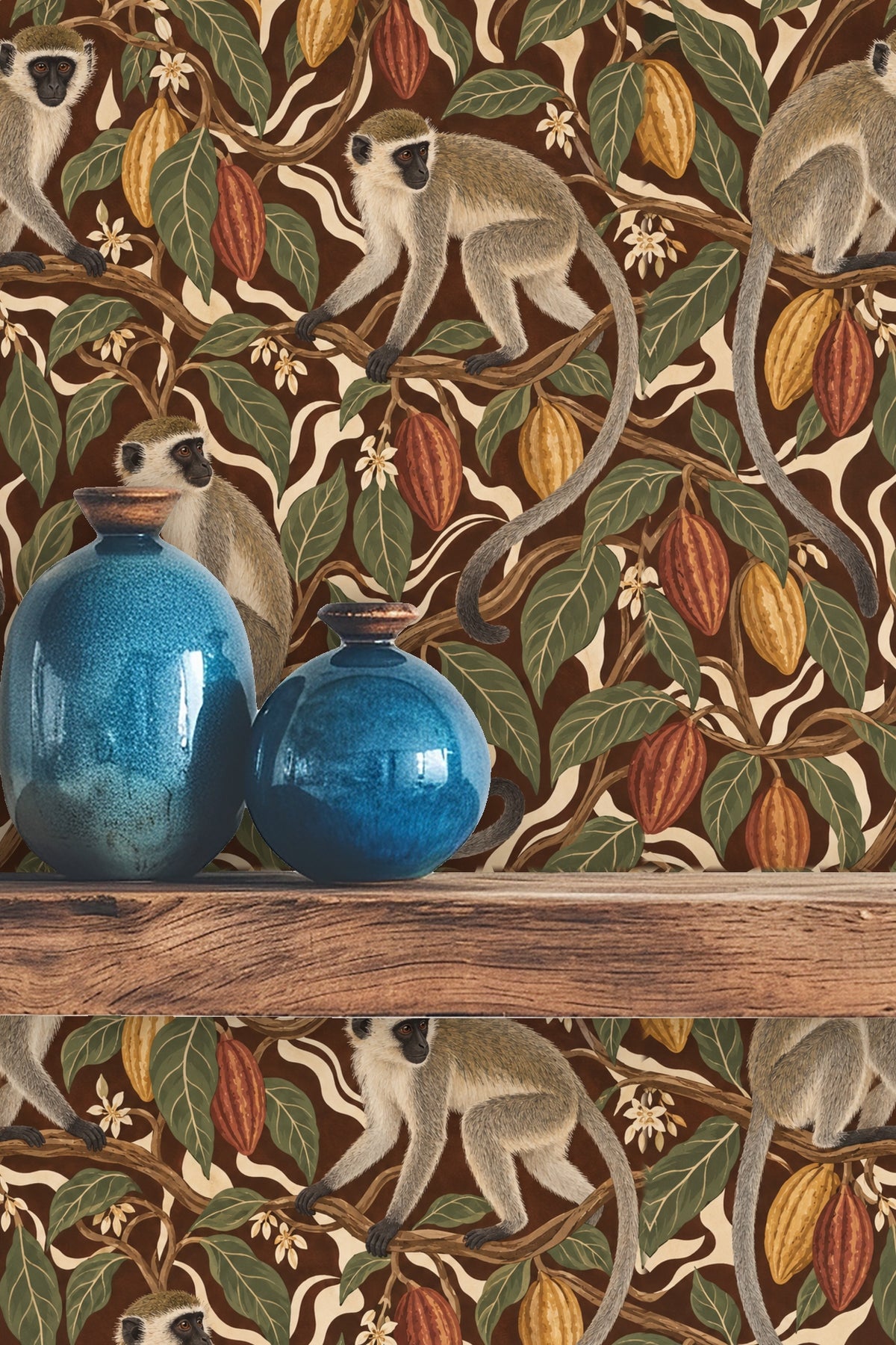 Naturalistic leaves and flowers surrounding monkeys in wallpaper print