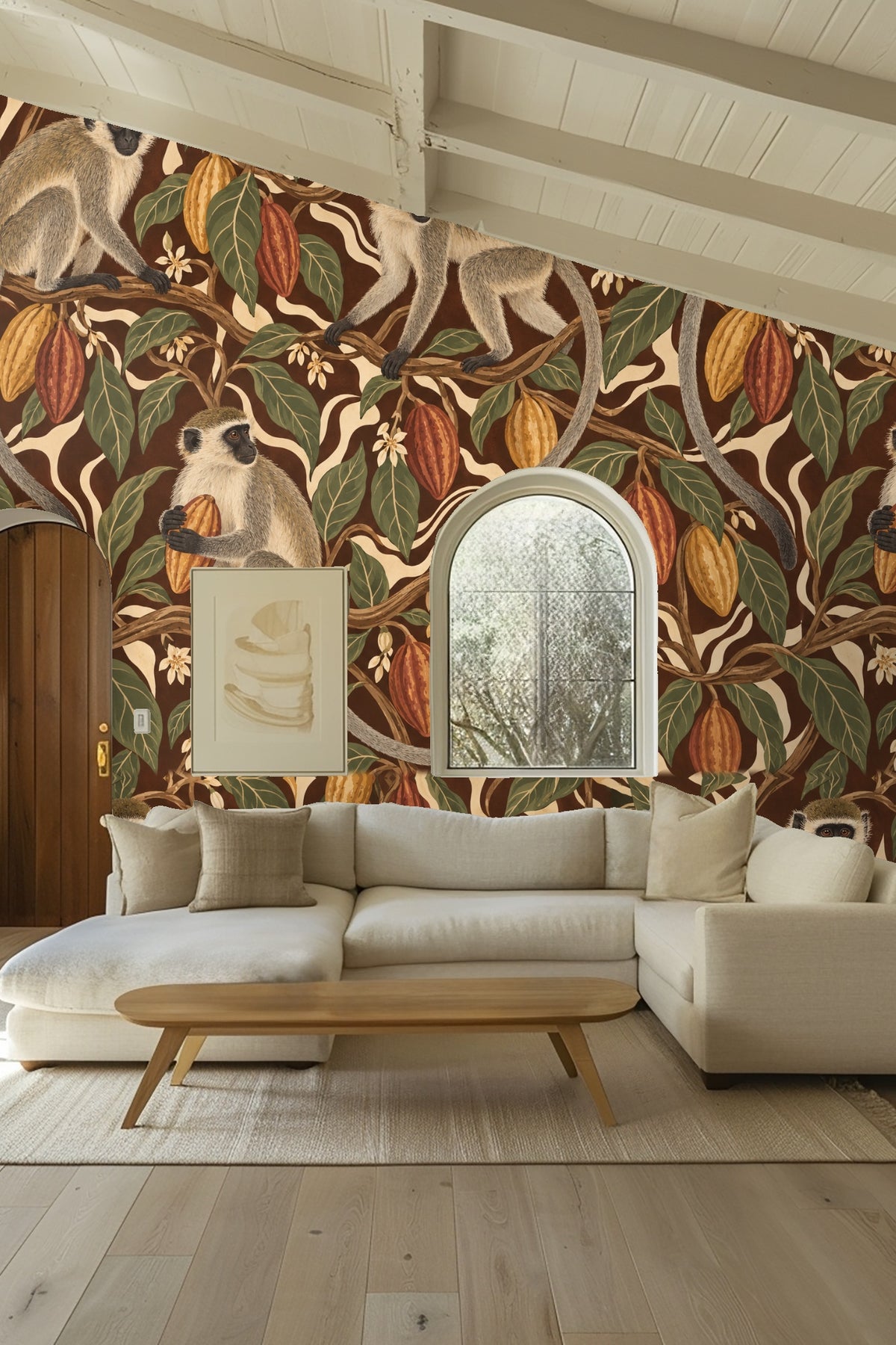 Leafy tropical wallpaper scene with cream flowers and dark background
