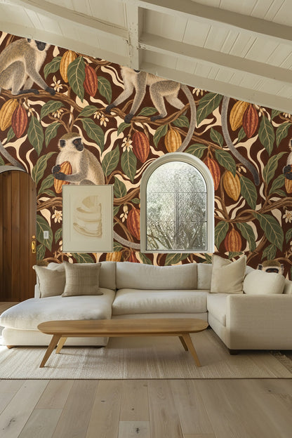 Leafy tropical wallpaper scene with cream flowers and dark background