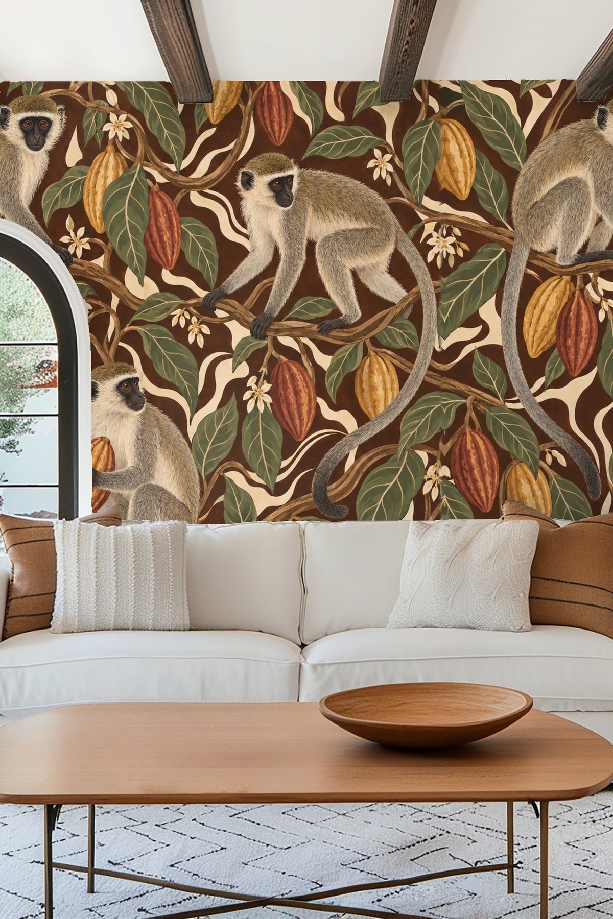 Bedroom with green bedframe and cacao vervet tangle wallpaper wall mural