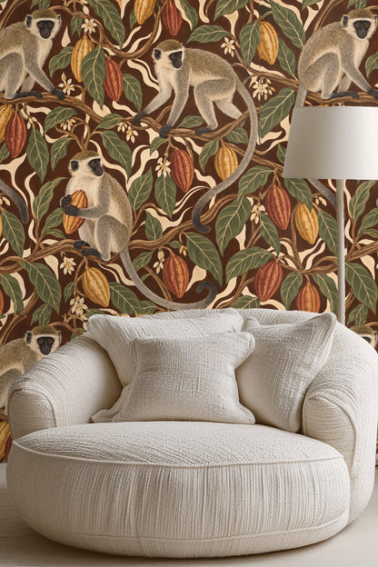 Playful vervet monkey holding a cacao pod in wallpaper illustration
