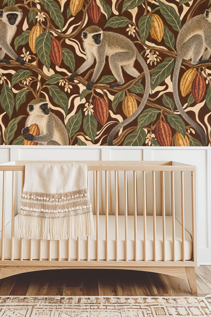 In-room example of cacao vervet wallpaper with mid-century modern decor