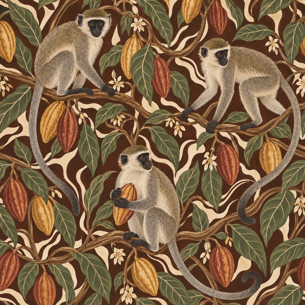 Botanical wallpaper mural with cacao pods and monkeys in natural palette