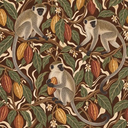 Botanical wallpaper mural with cacao pods and monkeys in natural palette