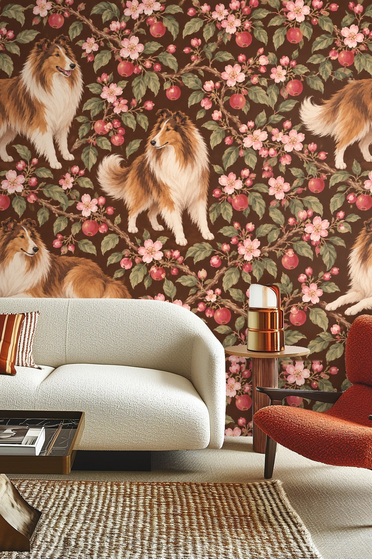 Wallpaper artwork detail showing Shetland Collies among pink blossoms and pomegranates on a walnut brown background