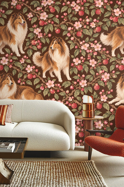 Wallpaper artwork detail showing Shetland Collies among pink blossoms and pomegranates on a walnut brown background