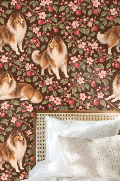 Vintage style wallpaper layout showing repeating orchard and collie motif