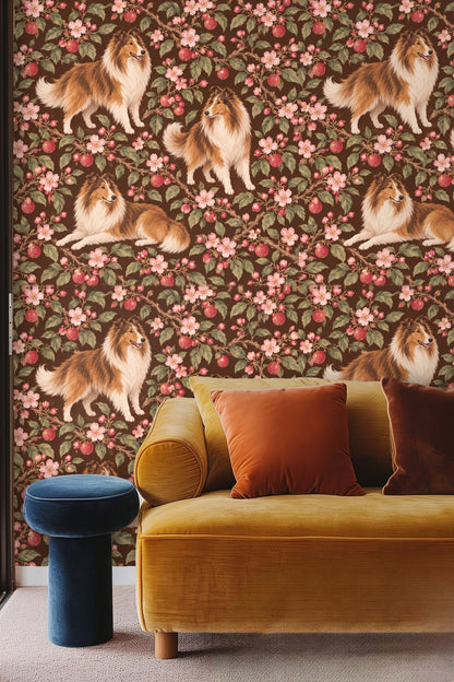 Ripe pomegranates punctuating the wallpaper pattern with soft shadowing