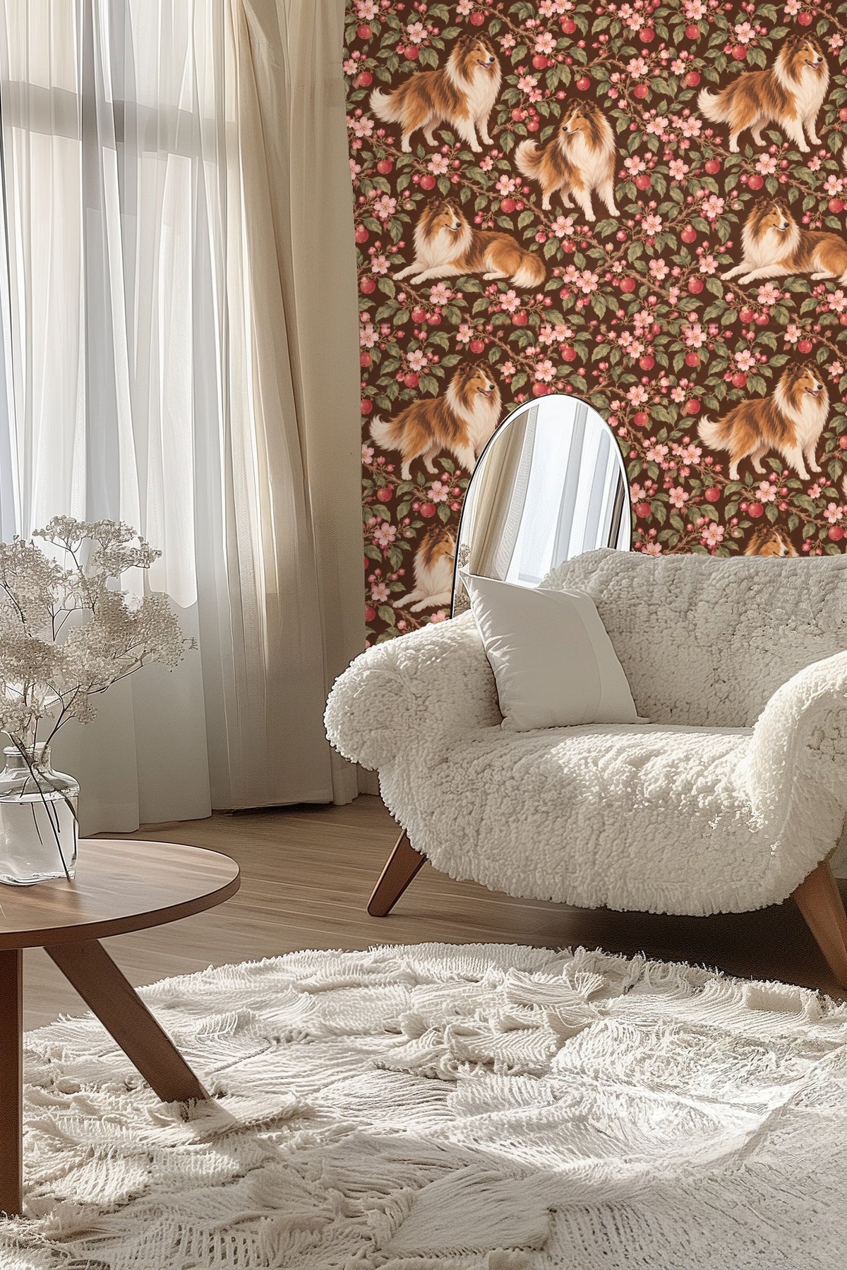 Close-up of Shetland Collie standing on branch among pink flowers and fruit in wallpaper design
