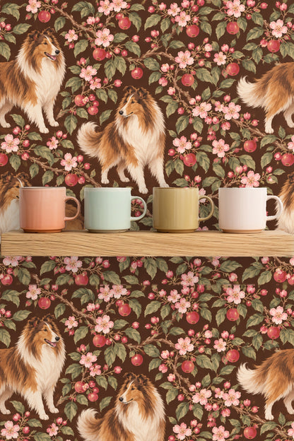 Collie lying down with expressive fur texture amidst floral pattern on wallpaper