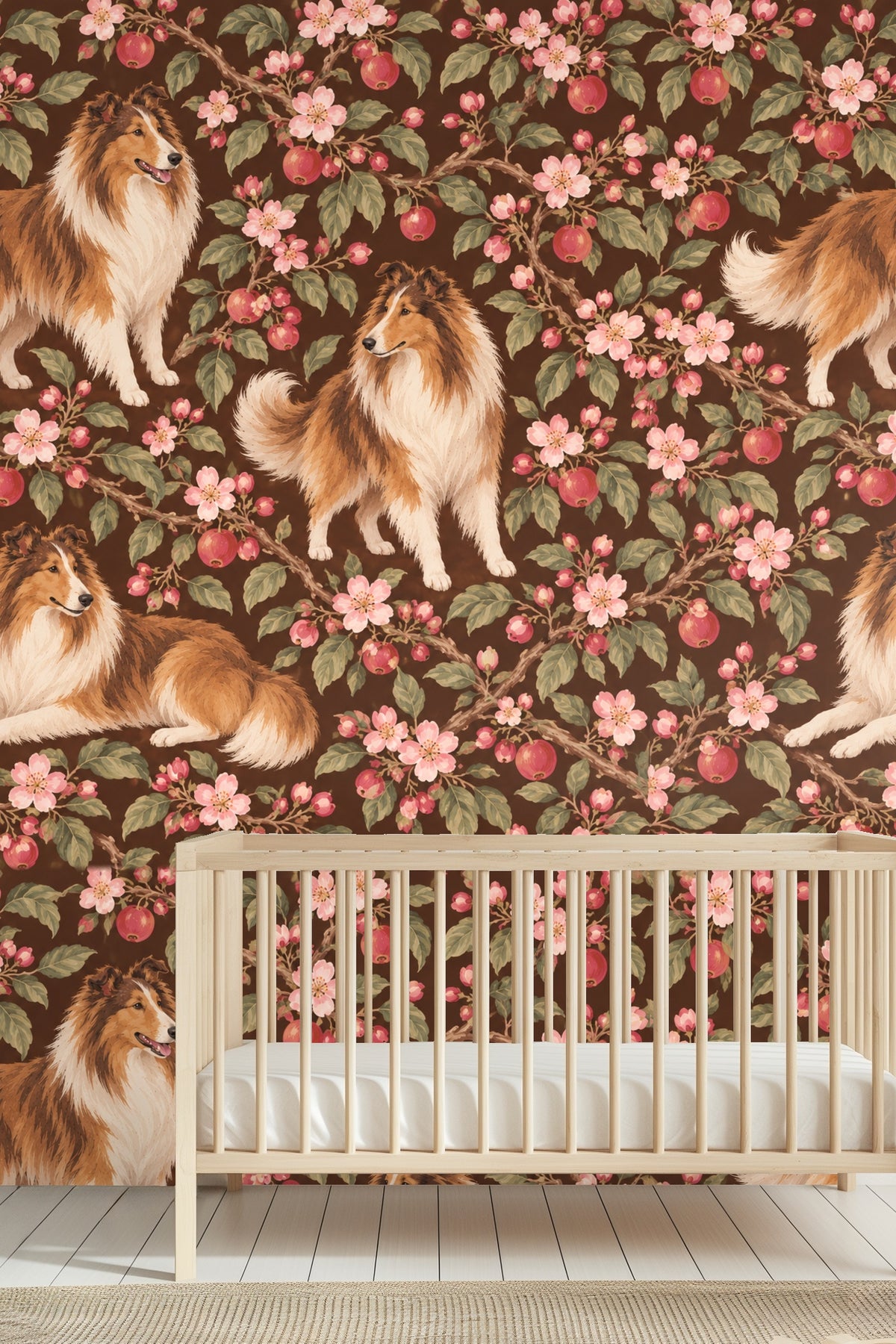 Bedroom with black iron headboard styled with walnut orchard collies wallpaper behind bed