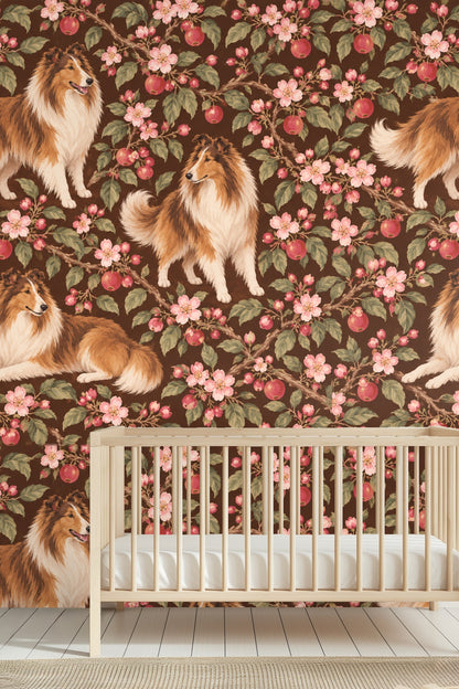 Bedroom with black iron headboard styled with walnut orchard collies wallpaper behind bed