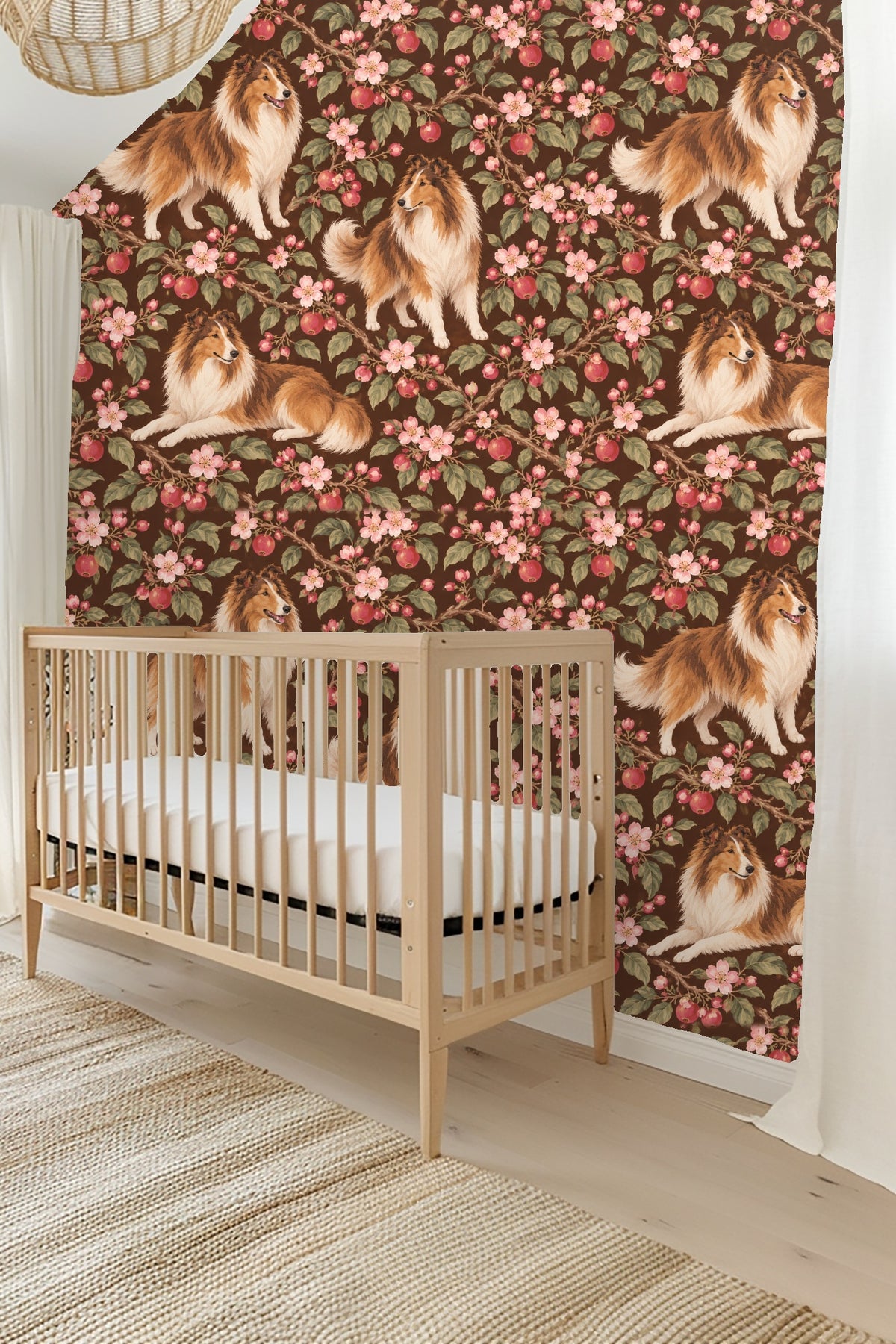 Multiple Shetland Collies positioned decoratively on wallpaper with warm brown ground
