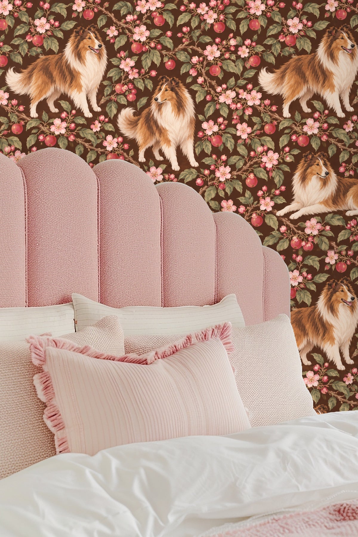 Side view of standing Shetland Collie gazing forward in detailed wallpaper art