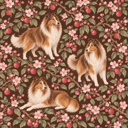 Overall room ambiance showcasing warmth and playfulness under walnut orchard collies wallpaper
