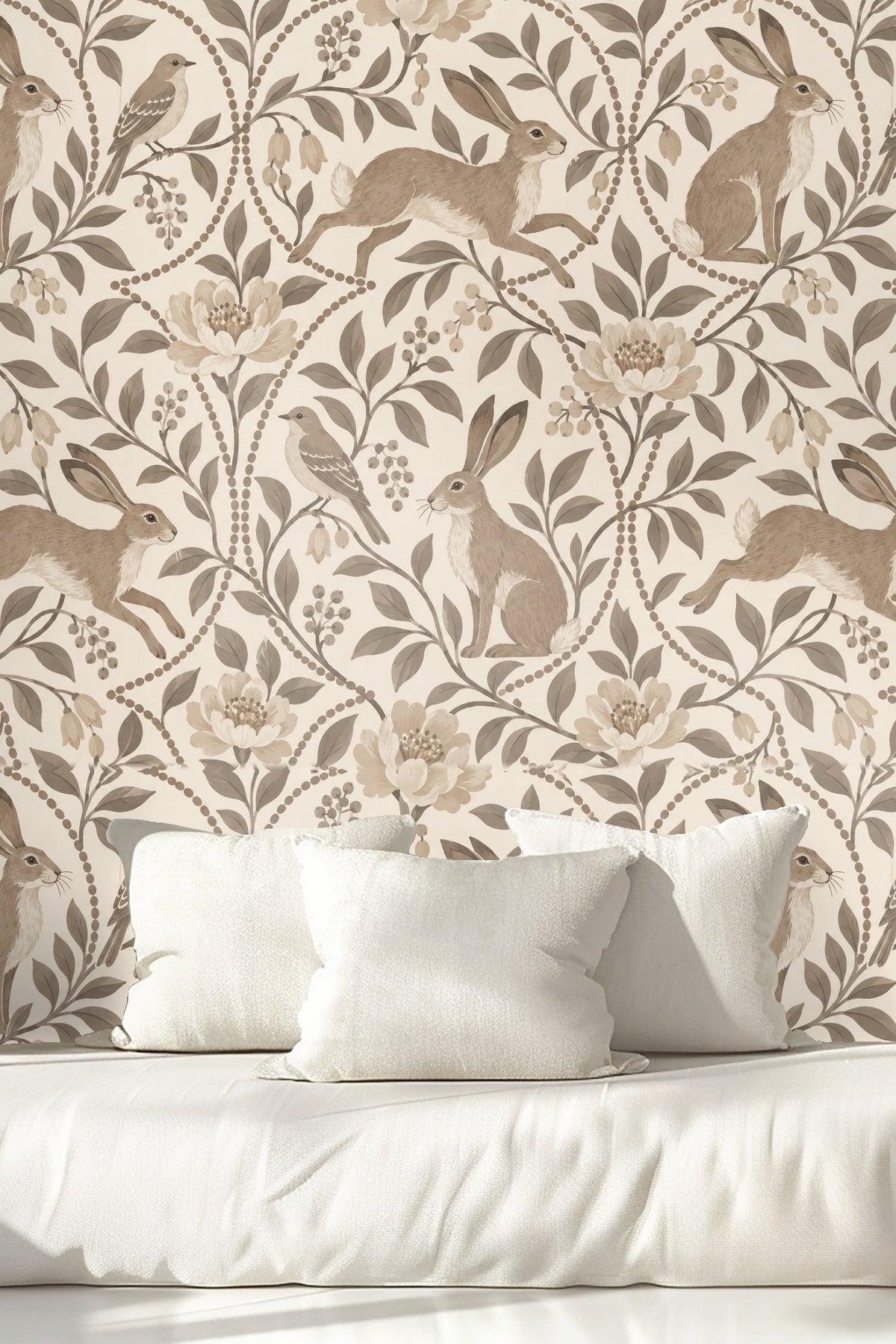 Detail of bird perched on flowering branch within the wallpaper's repeating motif