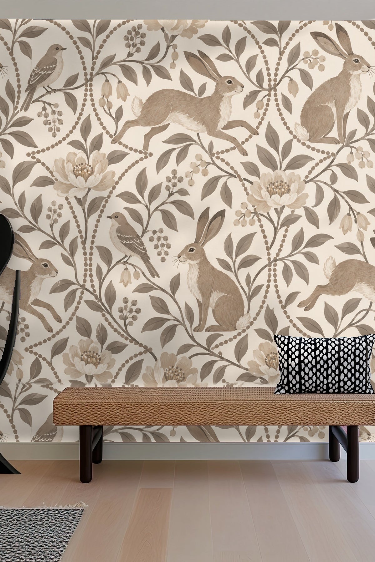 Bird feather and floral line work detail in muted taupe shades