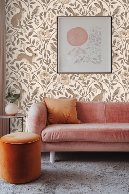 Side view of seated hare amidst leaves and blossoms on wallpaper