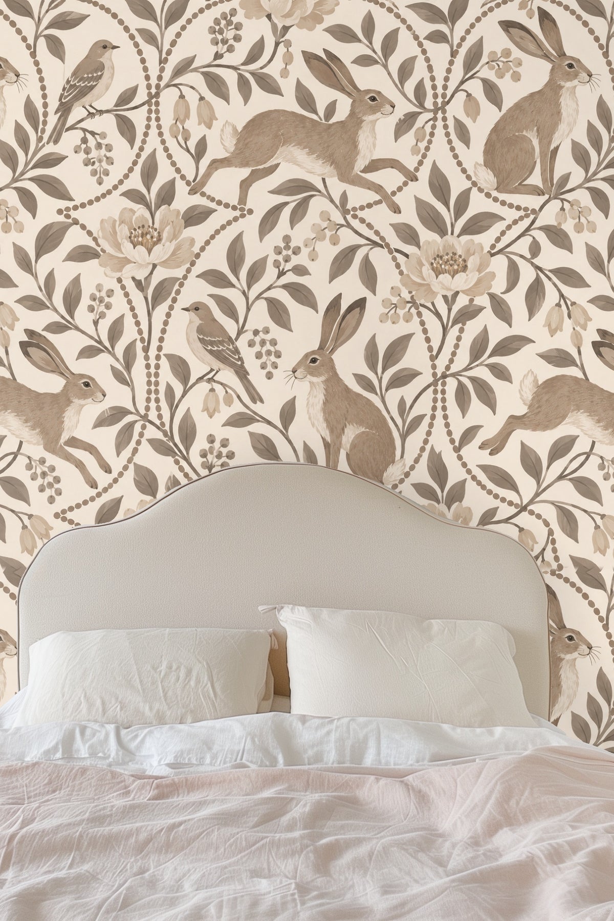 Pattern stanza of intertwined berry garlands and florals with neutral hares and birds