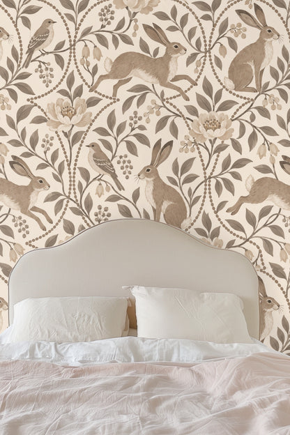 Pattern stanza of intertwined berry garlands and florals with neutral hares and birds