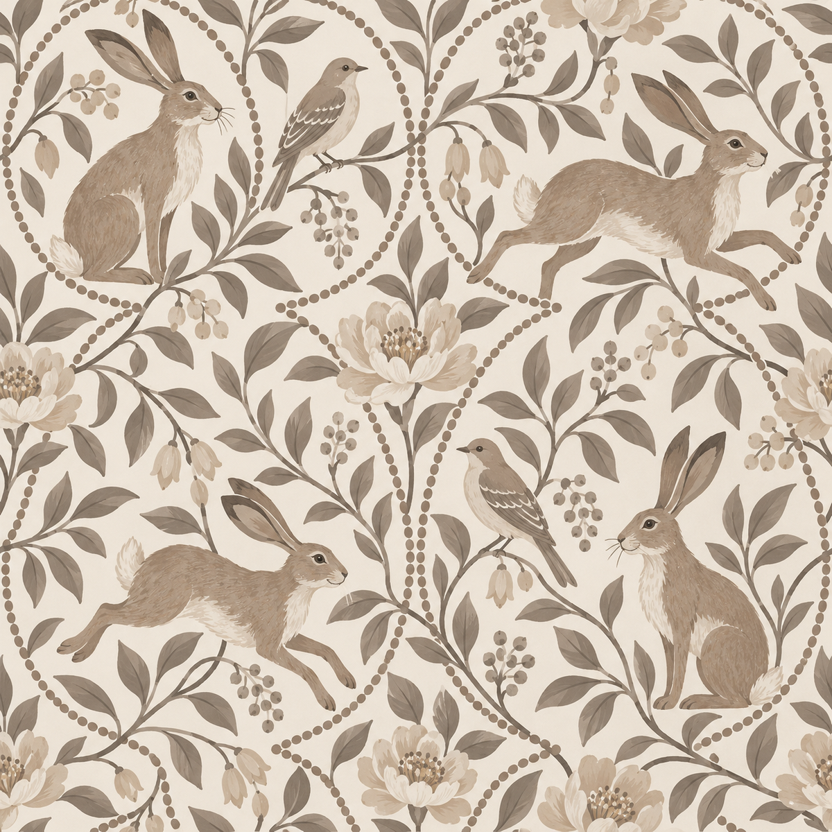 Overall wallpaper layout exhibiting symmetrical bead looping with naturalistic animals