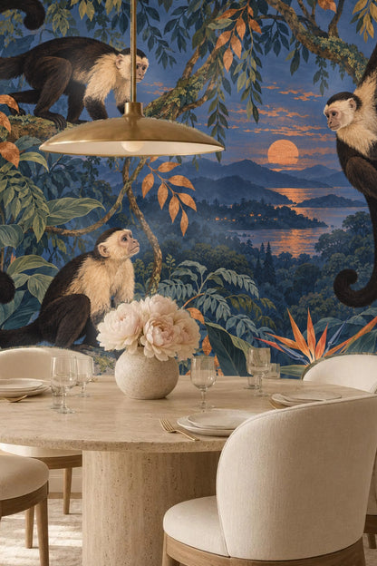 Two monkeys climbing vining branches amongst dense jungle leaves and orange autumnal accents.