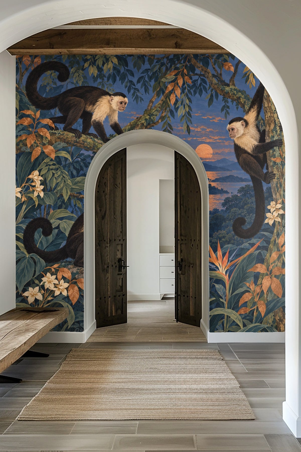 Laundry room with Twilight Monkey Grove wallpaper featuring monkeys and tropical foliage framed by window and shelves.