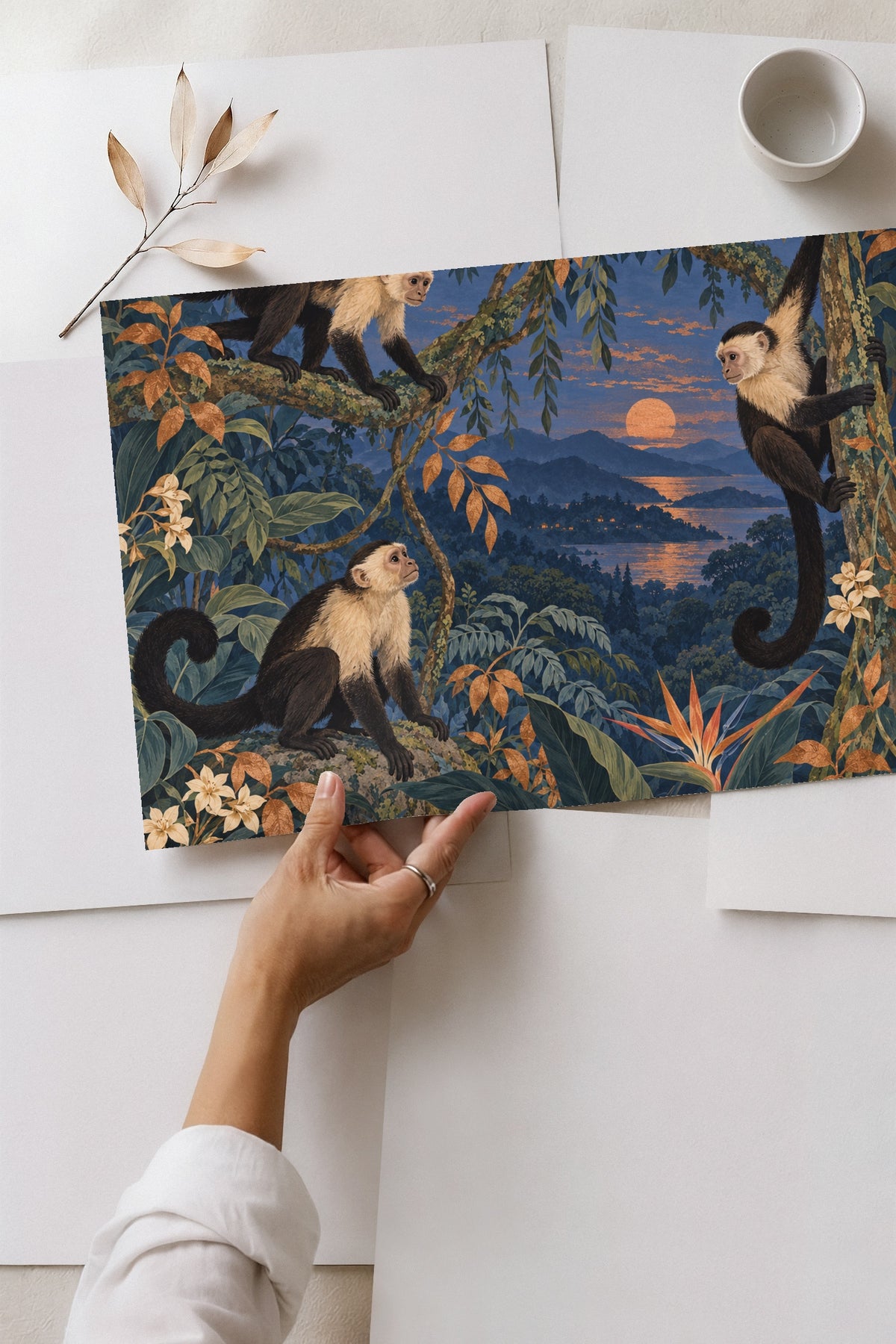 Monkeys' curled tails and interactive poses creating dynamic composition among tropical plants.