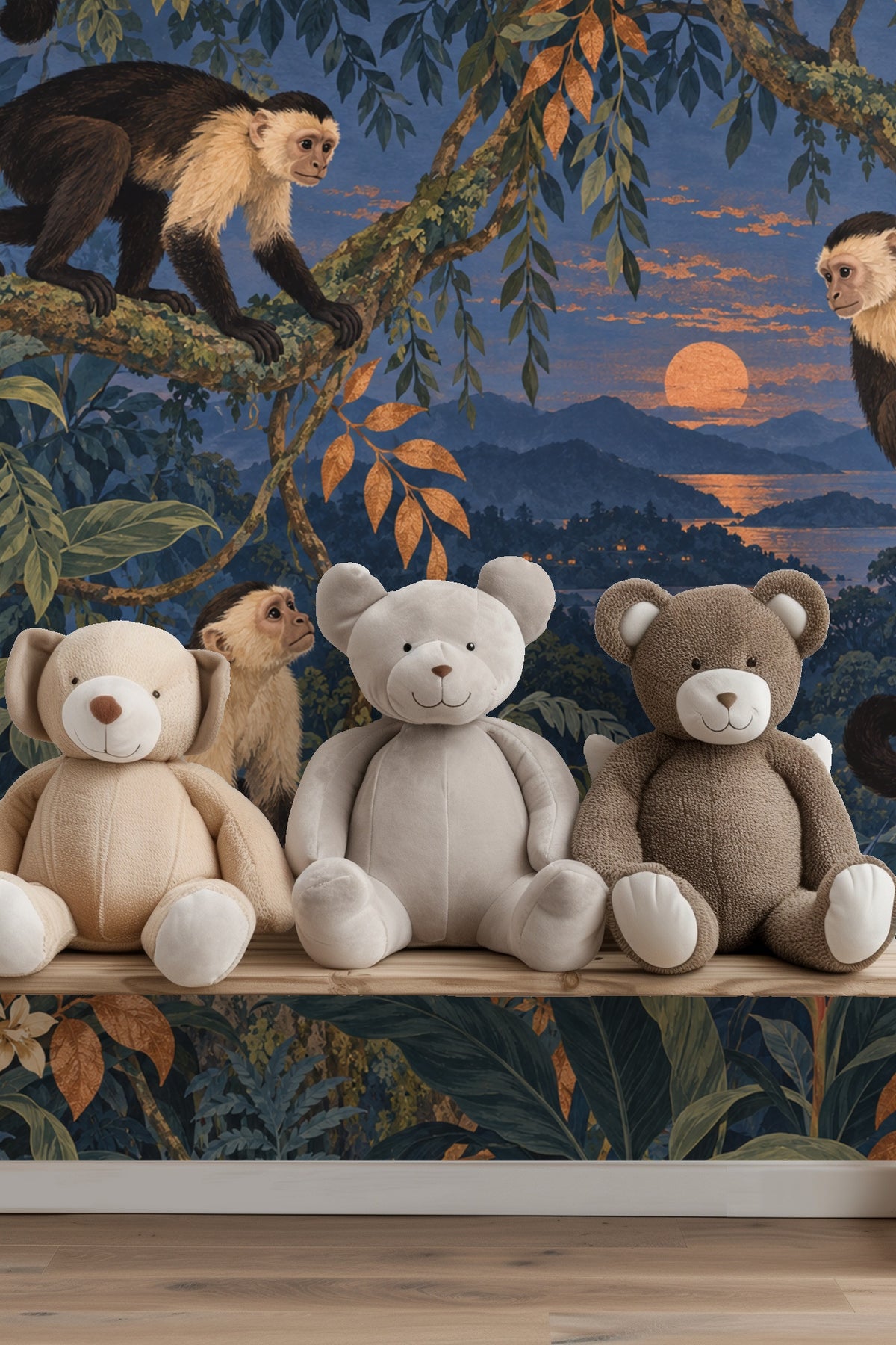 Close view of monkeys' textured fur and expressive faces in detailed hand-painted style.