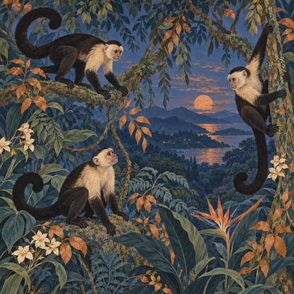Golden orange leaves contrasting richly textured blue-green jungle foliage in hand-painted style.