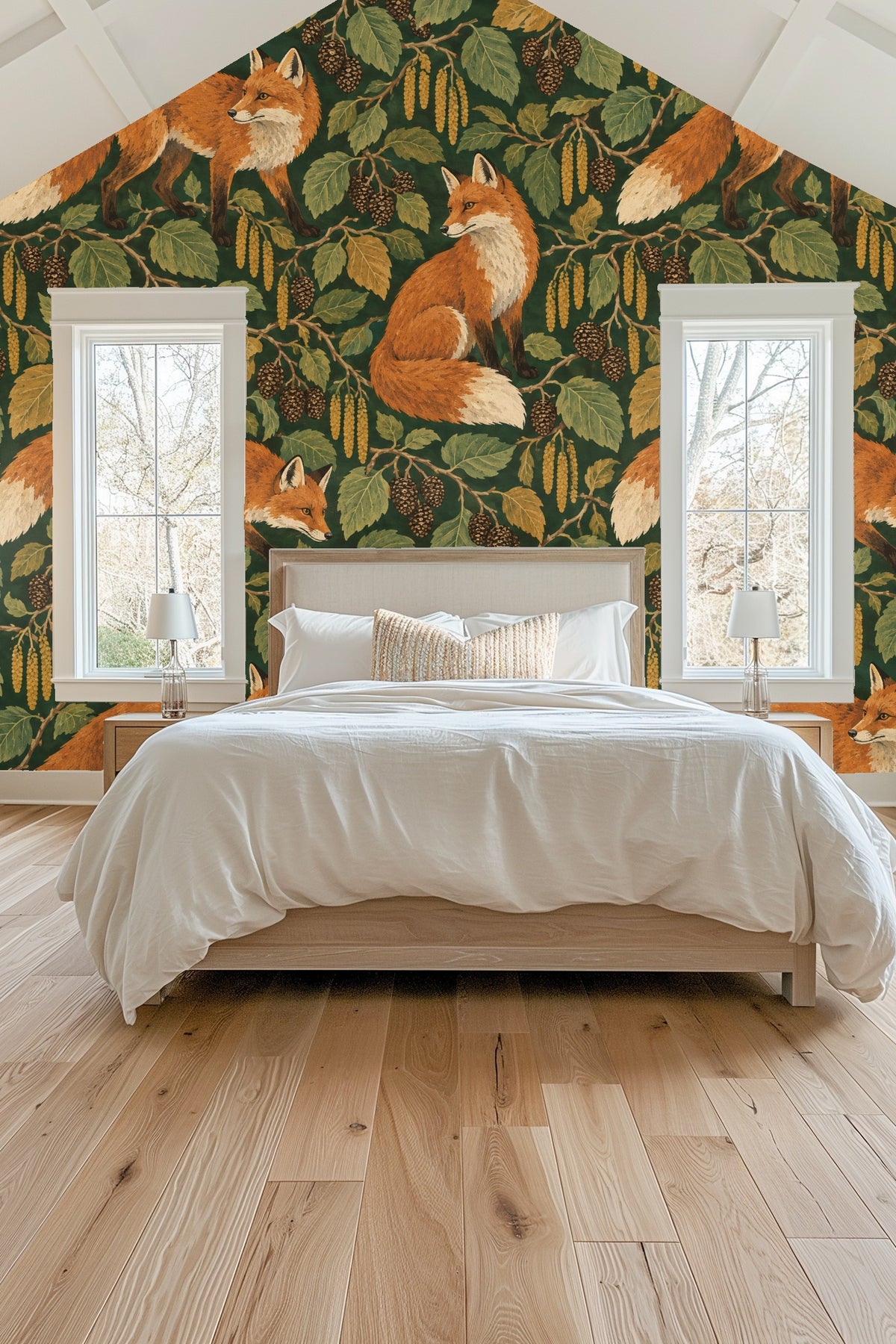 Wallpaper pattern with dense green foliage and fox motif