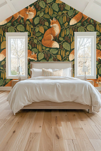 Wallpaper pattern with dense green foliage and fox motif