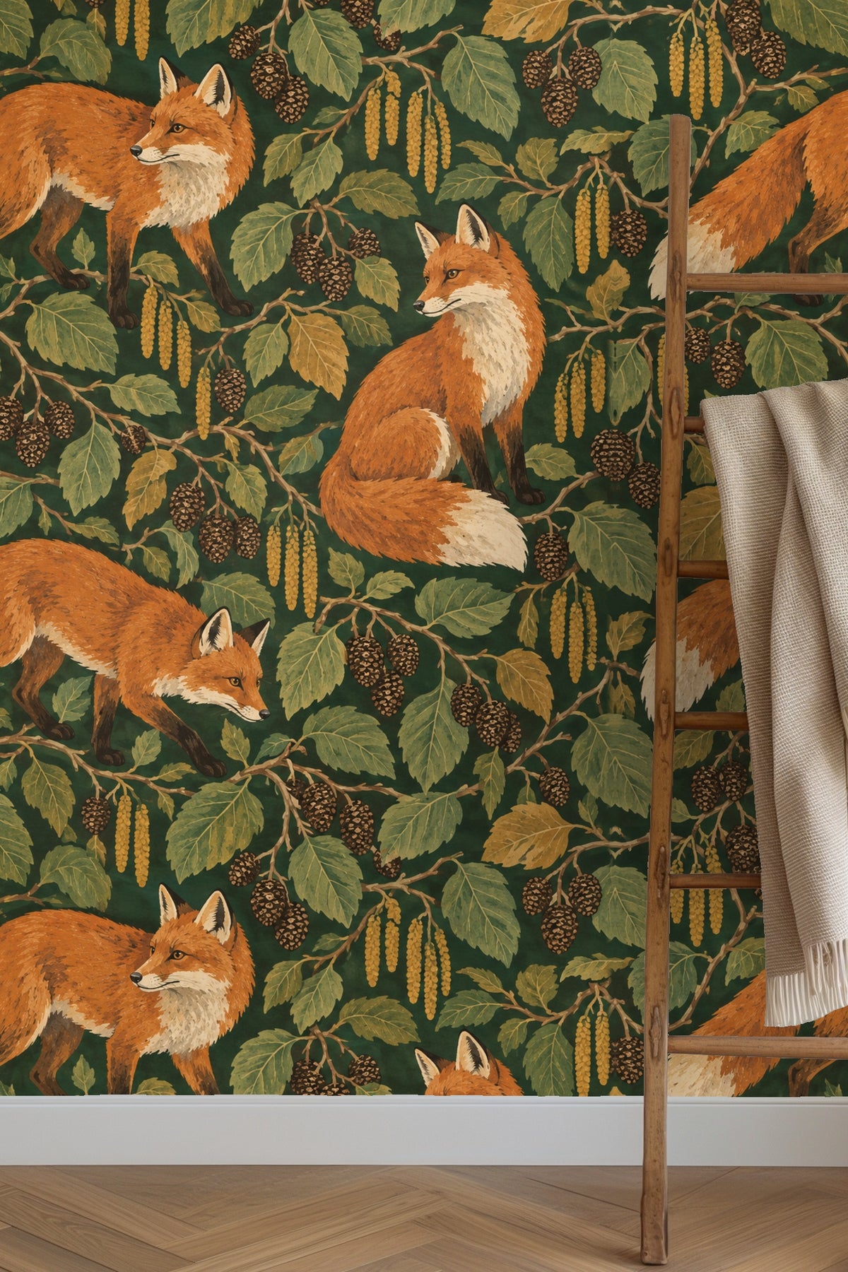 Side view of standing fox illustration on wallpaper