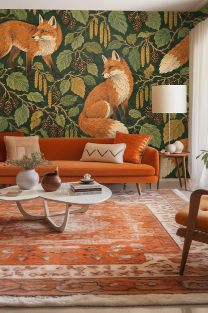 Wallpaper artwork with ochre foxes and alder branches on green background