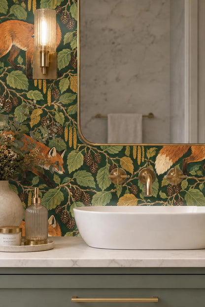 Bathroom setting with towel ring in front of ochre fox wallpaper