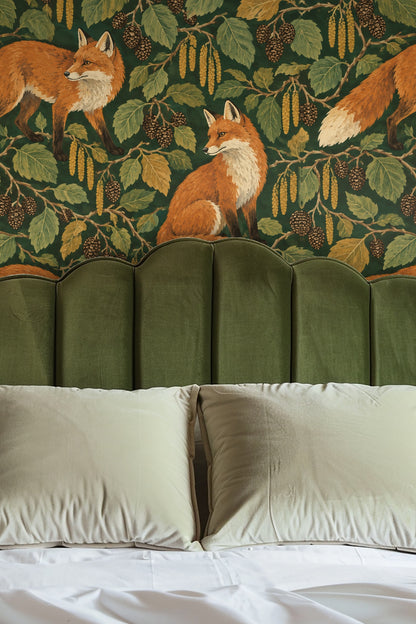 Detailed exhibition of fox tail and alder leaves on wallpaper