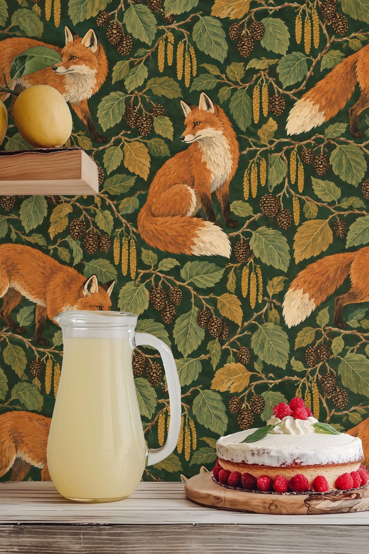 Full wallpaper repeat pattern featuring three ochre-colored foxes