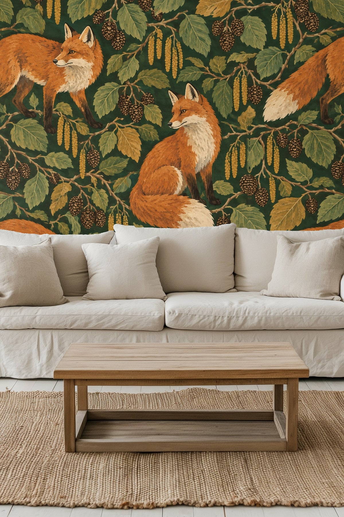 Close-up view of wallpaper with candles and flowers in front, showing fox and alder details