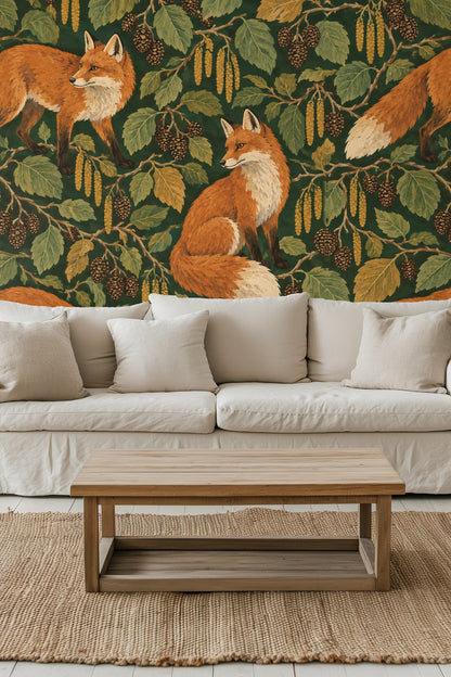 Close-up view of wallpaper with candles and flowers in front, showing fox and alder details