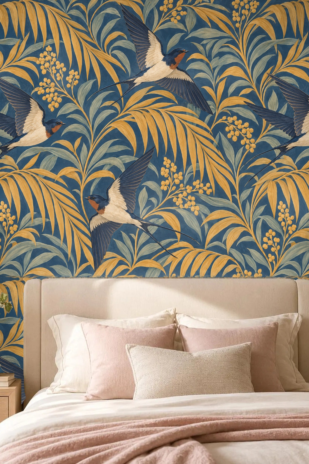 Close-up view of Palm Arcade Swallows wallpaper behind a leather armchair and marble side table