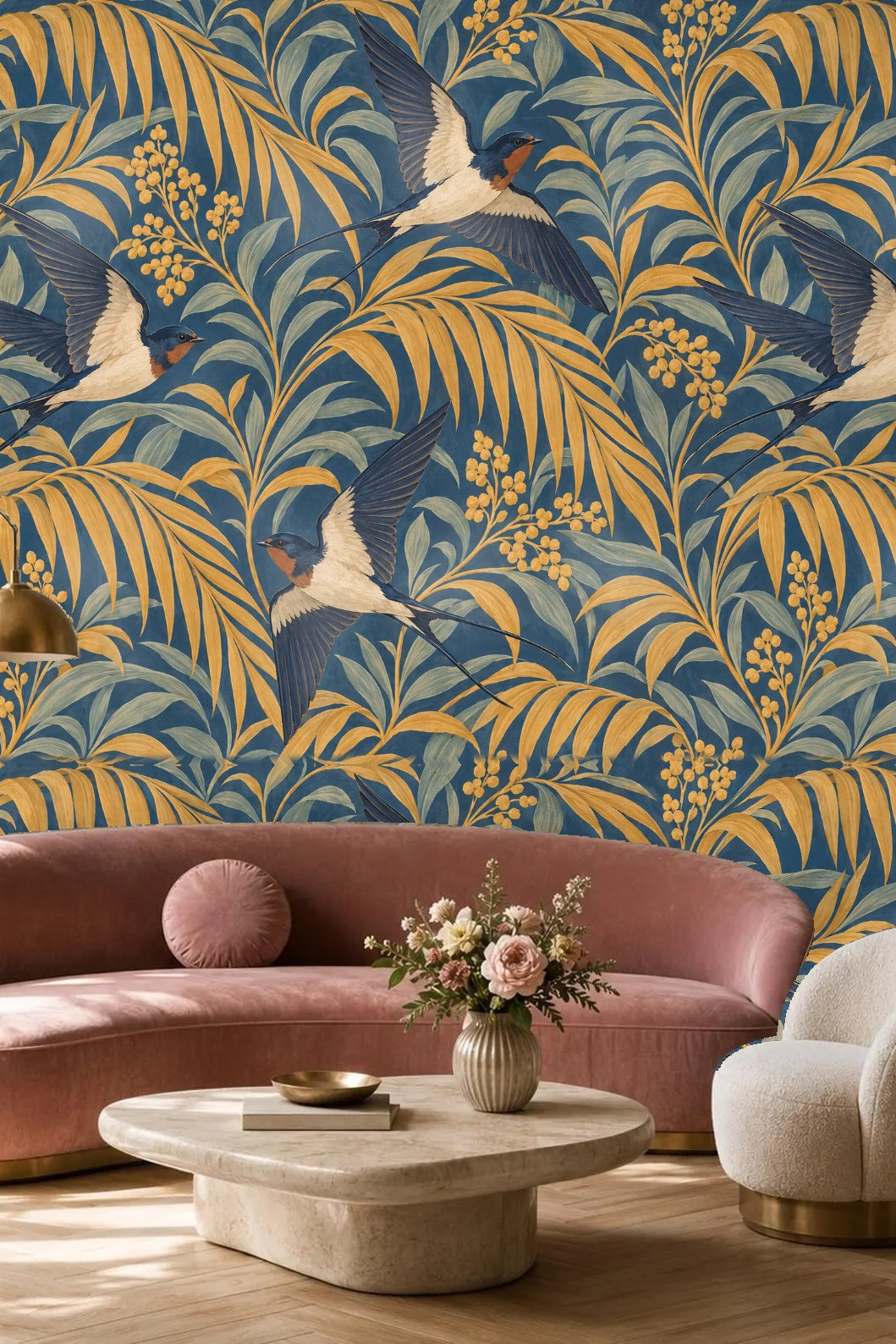Wallpaper featuring clusters of yellow flowers with surrounding palm leaves