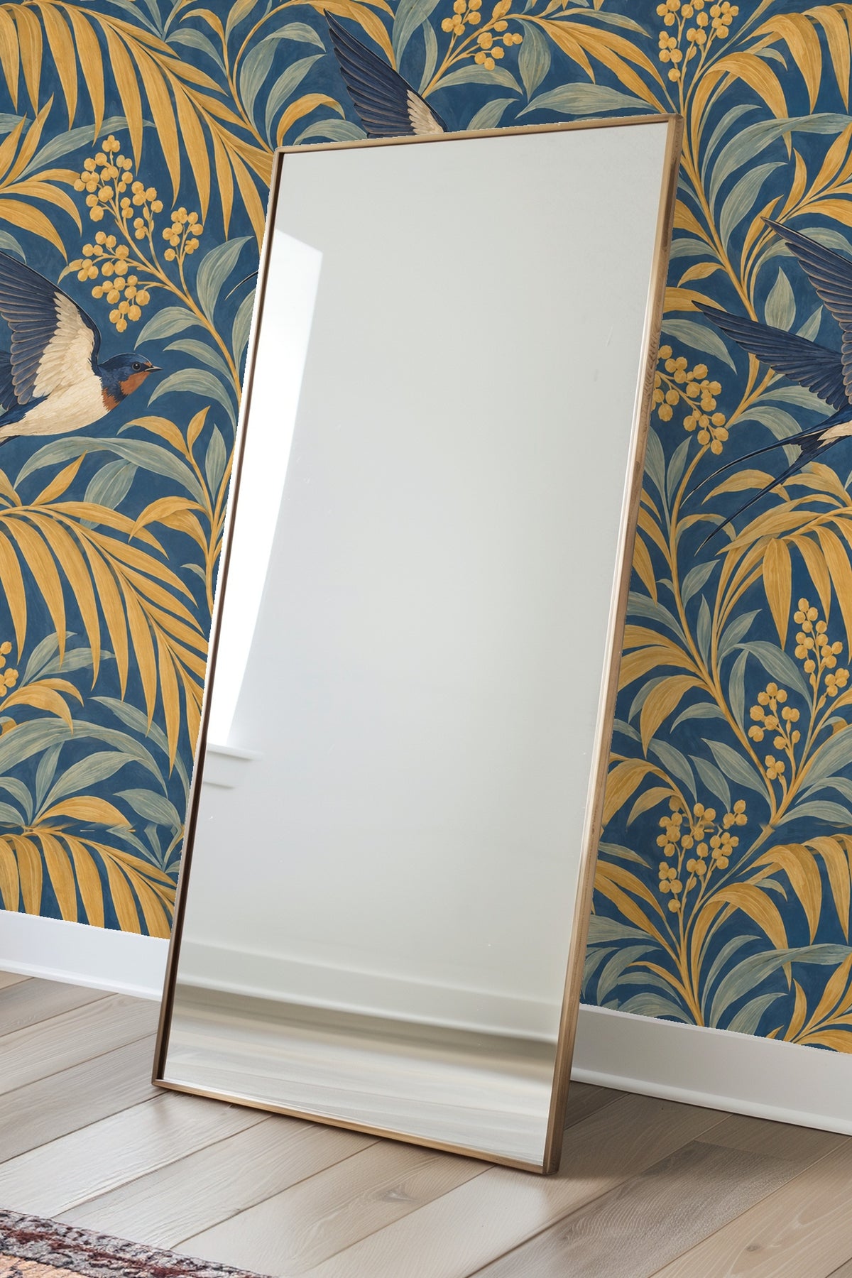 Living room corner with Palm Arcade Swallows wallpaper, leather chair, and marble side table